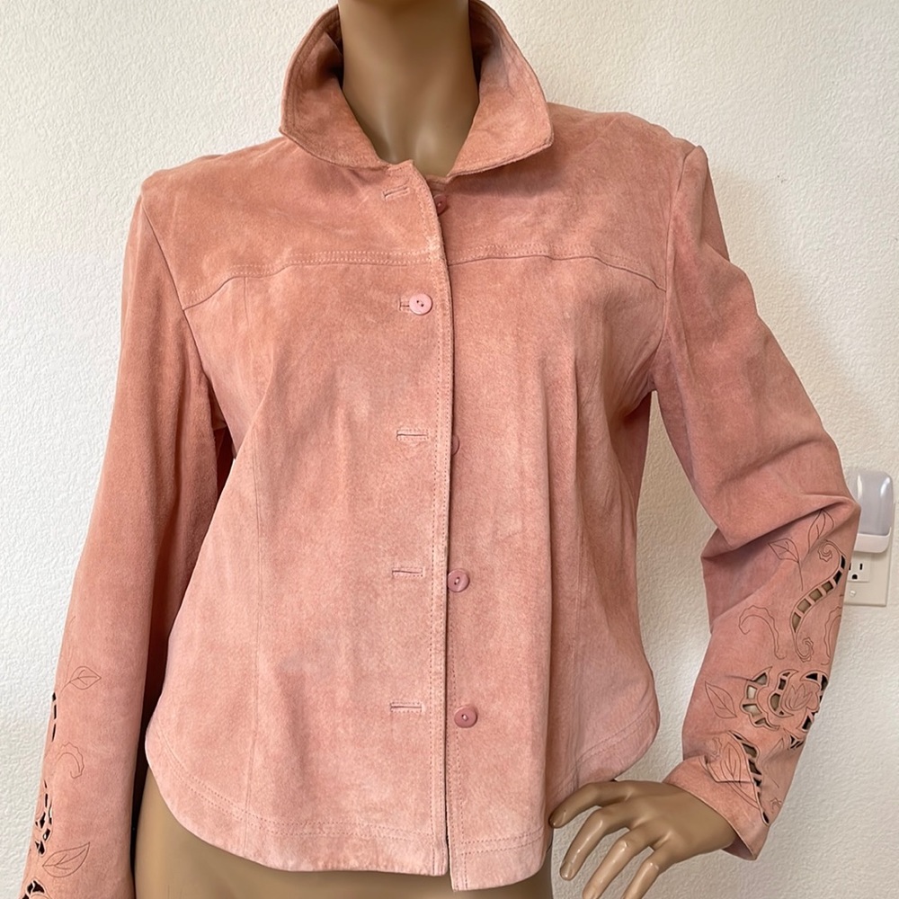 Coldwater Creek Dusty Rose Pink Real Suede Leather Laser Cutout Rodeo Jacket M